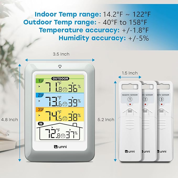 Indoor Outdoor Thermometer Wireless with 3 Sensors, 4.5 Inch Display with 330ft Range and Adjustable Backlight (Colorful) - Image 2