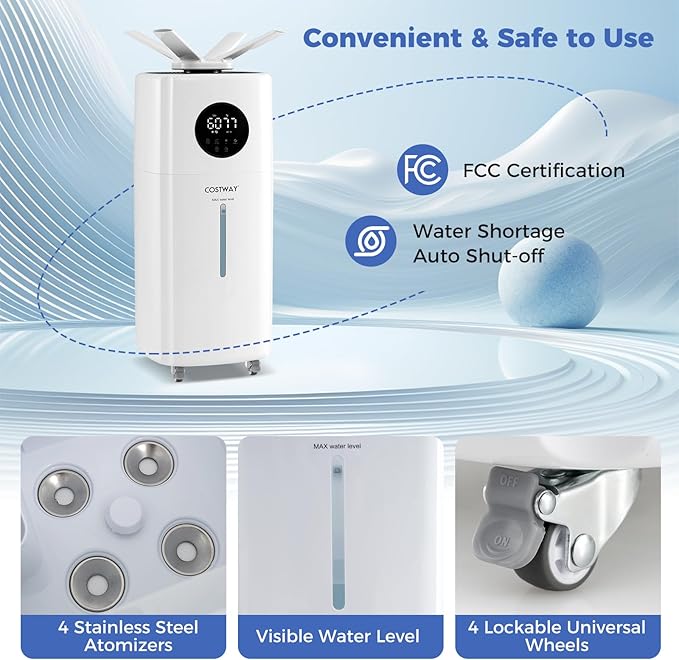 COSTWAY 21L/5Gal Humidifier for Large Room, Top Fill Whole House Humidifier, 3 Mist Levels, Extension Tube, 360° Nozzles & Remote Control for Bedroom, Plants - Image 7
