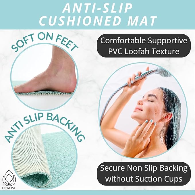 Anti Slip Shower Mat - Non Slip Shower Mats for Inside Shower - Large 47x24 Loofah Shower Floor Mat Non Slip - Bath Mat for Shower - Secure Mat Without Suction Cups (47x24 Aqua Green) - Image 2