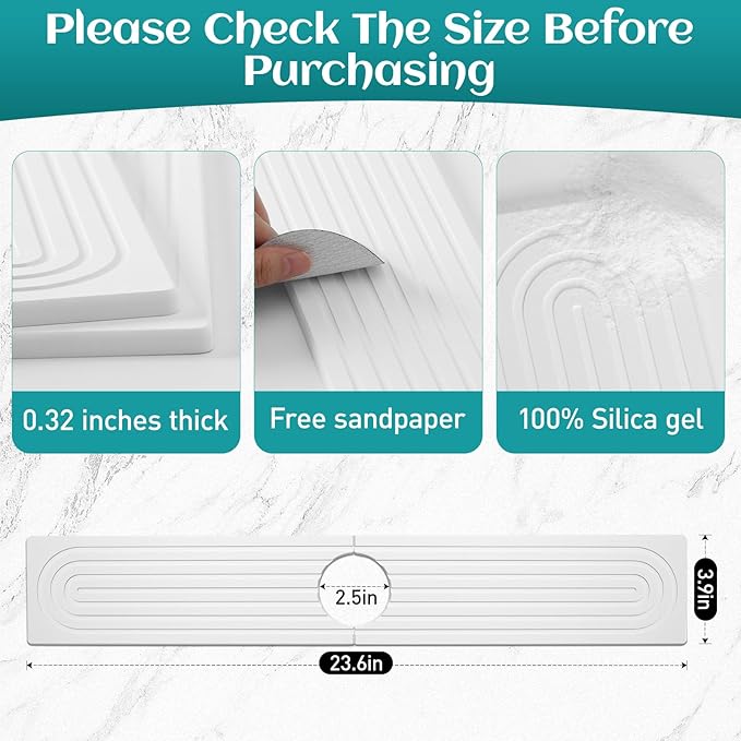 Kitchen Sink & Bathroom Faucet Mat, Diatomite Stone Splash Guard & Sink Protector, Super Absorbent Splash Guard to Prevent Water Drips & Moisture, Non-Slip Bathroom Counter Mat (White, 23.6 x 4) - Image 2