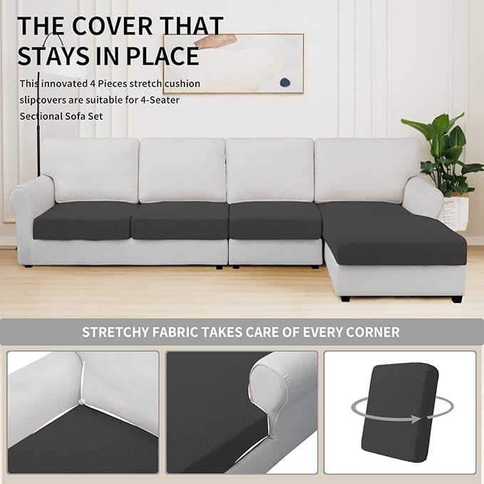Easy-Going Stretch 4 Pieces Couch Cushion Covers for Sectional Sofa Left/Right L Shape Chaise Lounge Sofa Seat slipcover Anti-Slip Sofa Cover Soft (3 Seater + 1 Chaise, Dark Gray) - Image 5