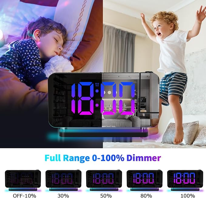 Projection Alarm Clock for Bedroom Ceiling,RGB Digital Clocks Radio with 10 Colors RGB Night Light,Loud Alarm Clock for Heavy Sleepers,USB C Charger Port,Snooze,12/24H,Auto Dimming - Image 8