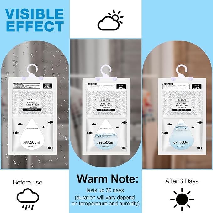 Nuanchu 30 Pack 500 ml Moisture Absorber Hanging Closet Dehumidifier Bags Unscented Hanging Humidity Absorber Desiccant Moisture Absorb in Wardrobes Bedrooms Bathrooms Kitchen - Image 4