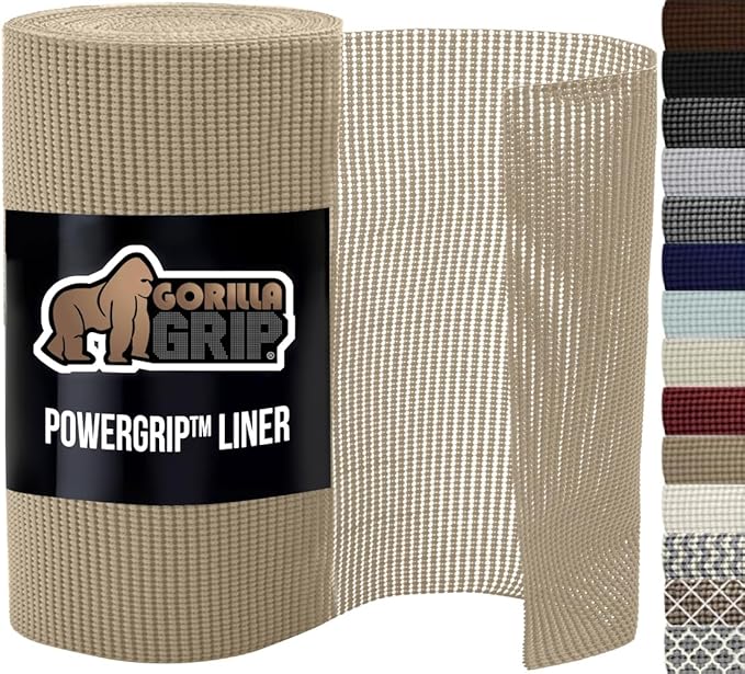 GORILLA GRIP powerGRIP Drawer Shelf and Cabinet Liner, Thick Strong Hold, Non-Adhesive Liners Protect Kitchen Cabinets and Cupboard, Bathroom Drawers, Easy Install, Breathable Mat, 20" x10', Beige by GorillaGrip