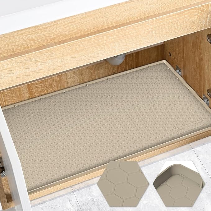 Waterproof Under Sink Mat 34" x 19", Silicone Cabinet Liner, Rubber Protector for Kitchen and Bathroom, Keeps Cabinets Clean, Dry, and Organized (Khaki) by FORWOS