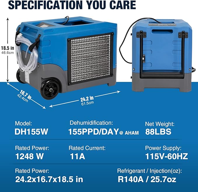 Mounto MOUNTO 268Pints LGR Commercial Compact Dehumidifier with Pump and Drain Hose, LGR Portable Dehumidifier with wheels for Home, Basements, Garages, and Job Sites (Blue) - Image 2