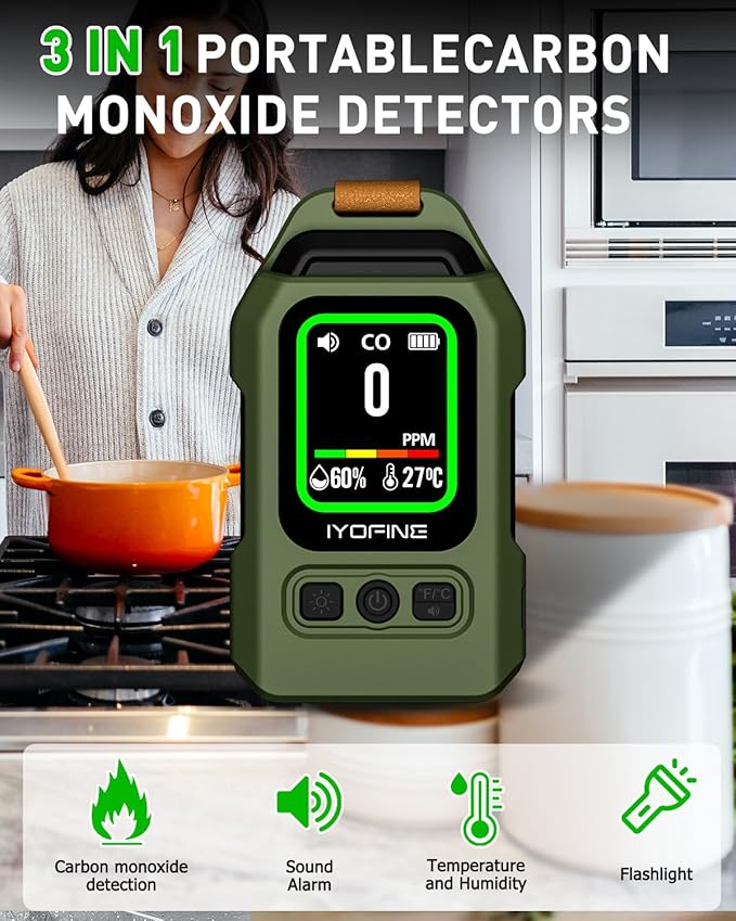 Portable Carbon Monoxide Detector for Travel, 300H Standby, CO Detector with Magnetic Back, Rechargeable 3-in-1 CO Monitor with Audible & Visual Alarm for Camping, Hotel, Car & RV (Dark Green) - Image 3