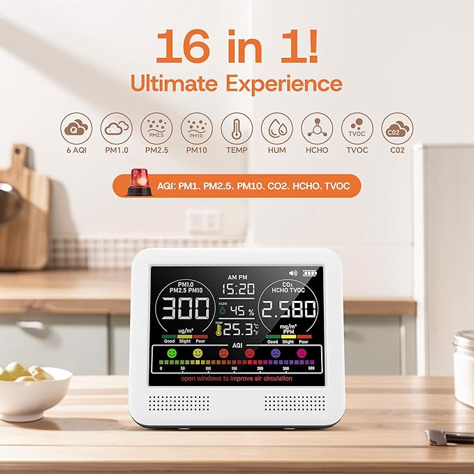 16-in-1 Indoor Air Quality Monitor with PM1.0,PM2.5,PM10,CO2,HCHO,TVOC,Temperature,Humidity,Time Display &7 AQI Alarms – Professional Air Quality Tester for Home, Office & Indoor Use (Creamy White) - Image 2