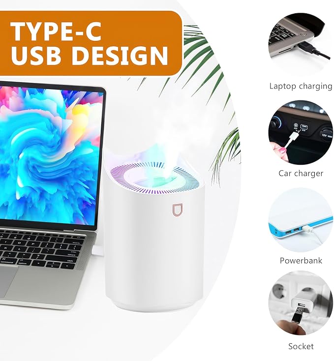 Blingbin Humidifiers for Bedroom, 3L Dual Nozzle Air Humidifiers for Home with Color Changing Night Light, Portable Quiet Cool Mist Humidifier for Baby Plant Office, 3 Mist Modes, Auto Shut Off - Image 6