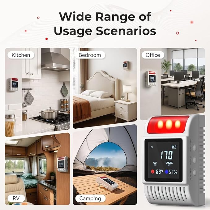 5-in-1 Smoke and Carbon Monoxide Detectors Plug in, Smoke Detector with Battery Backup Slot, Adjustable Brightness & Volume Levels, Smoke Alarm with Temp/Humidity for Home, RV, Travel(1-Pack) - Image 5