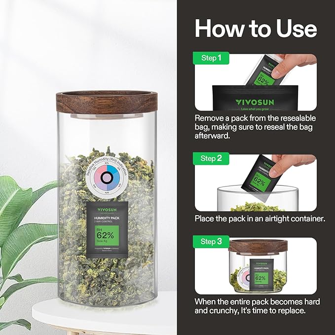 VIVOSUN 62% RH Two-Way Humidity Control Packs, Size 4 g, 10 Packs for Storing 1/2 oz, Moisture Balancer with RH Indicator Card for Food & Herb Storage - Image 7
