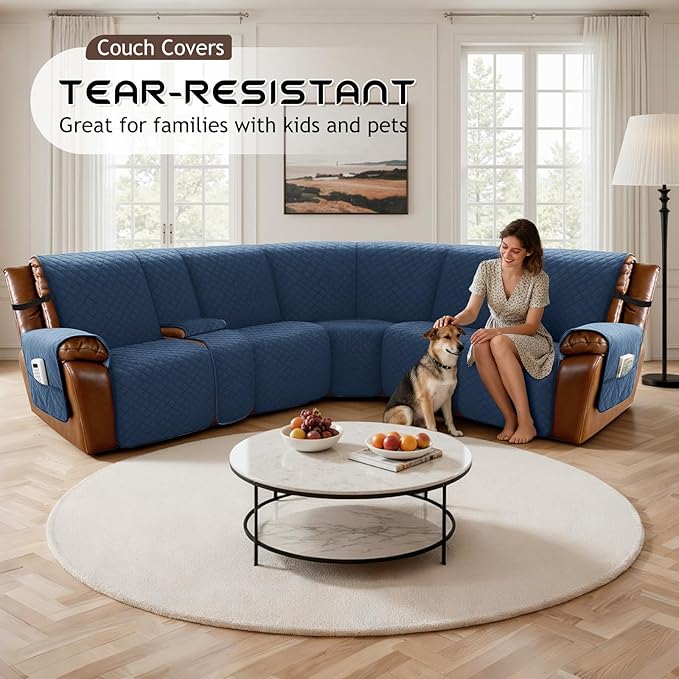Arfntevss Waterproof Recliner Sectional Couch Covers for Reclining L Shape Sofa Cover Non Slip Washable L Shaped Slipcover Sets for Dog Furniture Protector (5 Seat with 1 Console Cover, Dark Blue) - Image 7