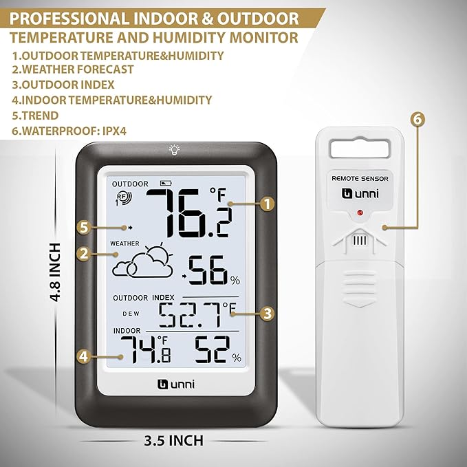 Indoor Outdoor Thermometer Wireless Weather Station, Temperature Humidity Monitor Battery Powered Inside Outside Thermometers with 330ft Range Remote Sensor and Backlight Display（Metal Black） - Image 6