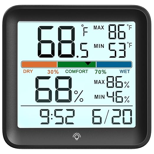Indoor Thermometer Room Temperature Home Hygrometer Humidity Gauge, Accurate Calibration, Backlight, Air Comfort Indicator, Max Min Records, Time, Date (1, Black, 3.6" W x 3.4" H) by MeesMeek