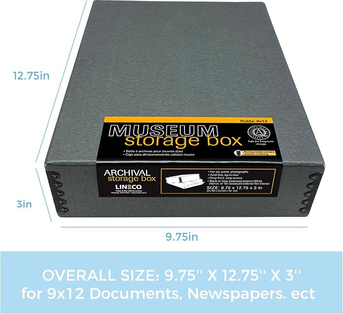Lineco Museum Archival Storage Box, 9.75x12.75x3 in. Drop Front Design. Acid-Free with Metal Edge. Organize Photos, Pictures, Prints, Documents, Crafts, DIY. Gray, 2 Pack - Image 2