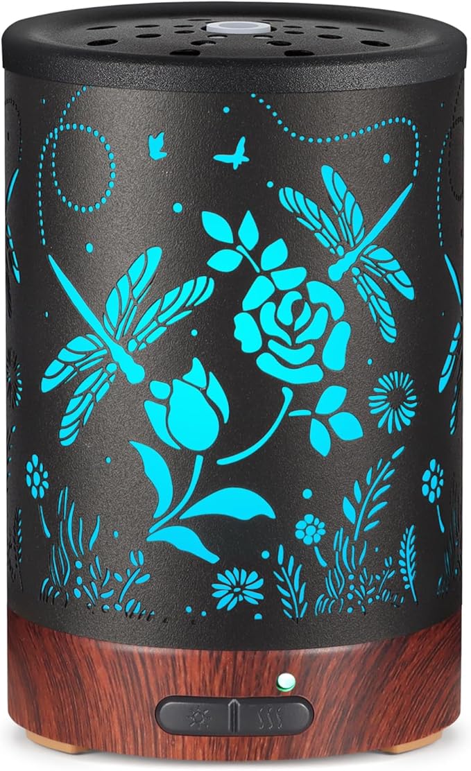 Essential Oil Diffuser- Aromatherapy Diffuser with7 Colors Light and Auto-Off for Women Metal Cool Mist Humidifier for Home and Office for Mom Women(Roses + Dragonflies) by mocosa