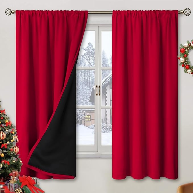 BGment Blackout Curtains for Bedroom 63 Inch Length 2 Panels Set, Thermal Insulated Bedroom Curtains Christmas Window Curtains Rod Pocket Room Darkening Drapes, 42 x 63 Inch, Red by BGment