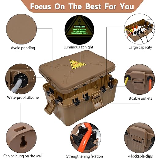 Hrensaw Large Outdoor Electrical Box(12.5x8.5x5inch),IP54 Waterproof Outdoor Outlet Covers,Weatherproof Extension Cord Covers Protect Outlet,Plug,Timer,Power Strip,Holiday Light,Brown - Image 2