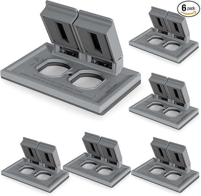 ELEGRP Horizontal Outdoor Cover for Duplex Receptacles, 2-Hole Weatherproof Wall Plate, Outdoor Electrical Outlet Cover, Standard Size 1-Gang 4.55” x 3.02”, Thermoplastic, 6 Pack, Grey by ELEGRP%7CELEGROUP