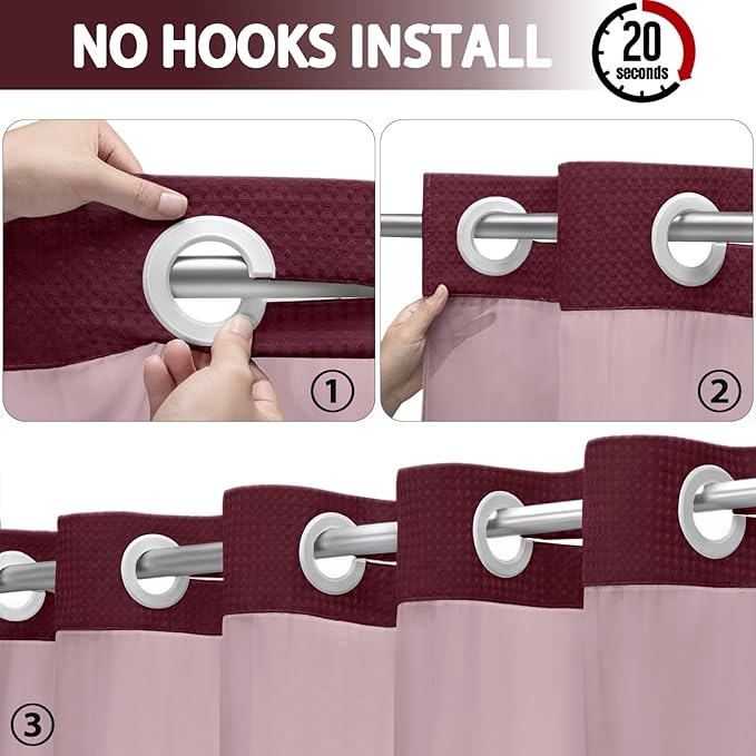 No Hook Shower Curtain and Liner Set,Burgundy Hotel Waffle Shower Curtain with Liner 75" L x 72" W - Image 2