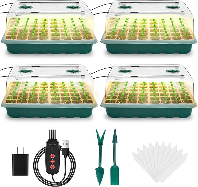 Seed Starter Tray with Grow Light, 192-Cell Seed Starter Kit, Seedling Starter Trays with Humidity Domes, Automatic Timer, Adjustable Light Indoor Gardening Plant Germination Trays by Ryscam