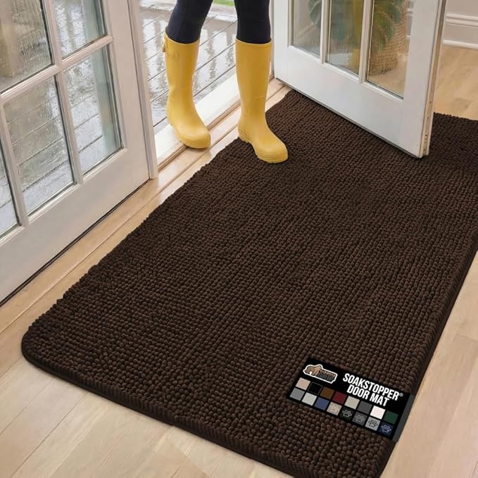 GORILLA GRIP SOAKSTOPPER Dog Door Mat, 60x36 Machine Washable Rug Absorbent Doormat Captures Moisture Mud Dirt, Quick Dry Soft Chenille Entryway Rugs Indoor Entrance Mats for Dog Paws, Brown by GorillaGrip