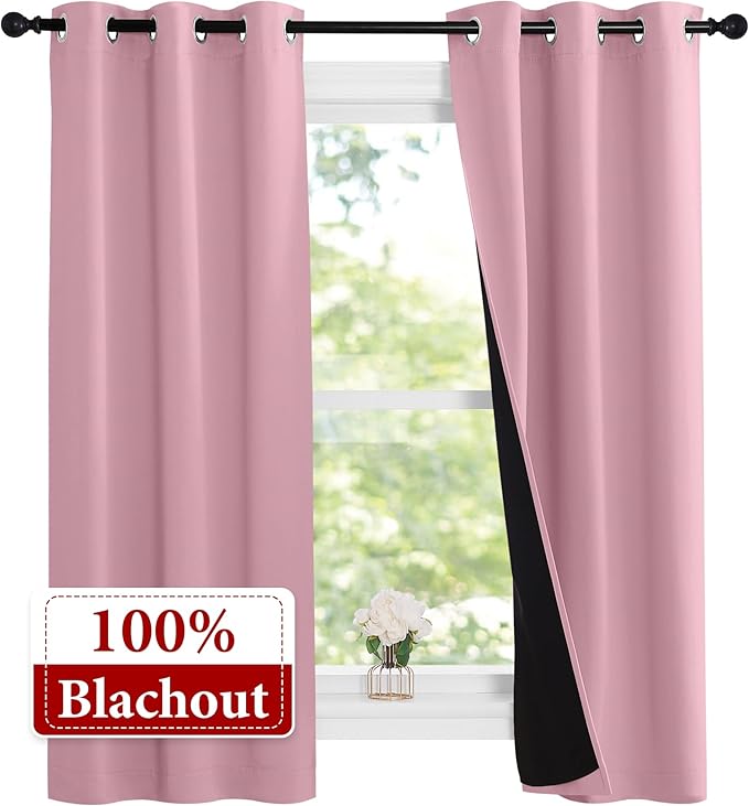 NICETOWN 100% Blackout Short Curtains with Black Liners, 2 Panels, 37" W by 60" L, Crystal Pink, Thermal Insulated Full Blackout 2-Layer Lined Drapes, Energy Efficiency Window Draperies for Bedroom - Image 2