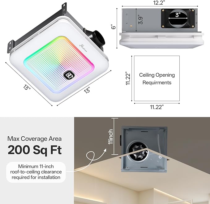 Bathroom Exhaust Fan with Bluetooth Speaker, 230 CFM 1.0 Sone Bathroom Exhaust Fan with Light, 3 Dynamic Light, 7 LED Color, 3 Color Temperatures, Nightlight,Remote, Easy Install (White) - Image 2