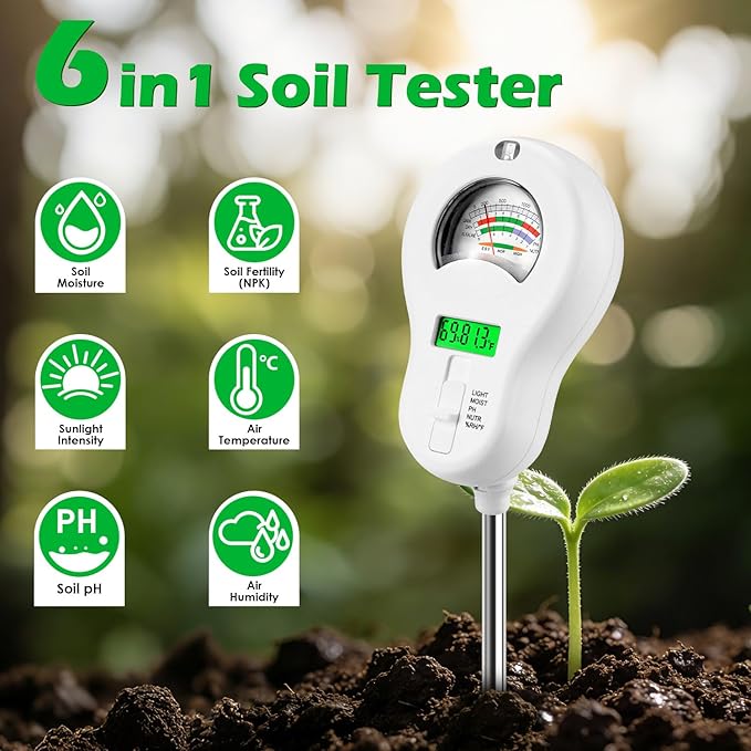 6-in-1 Soil Test Kit with 3 Replaceable Probes, Soil Tester for Gardening, Plant Water Meter, Soil pH Tester for Soil Fertilizer, Sunlight & LCD Display Air Temperature Humidity Sensor - Image 3