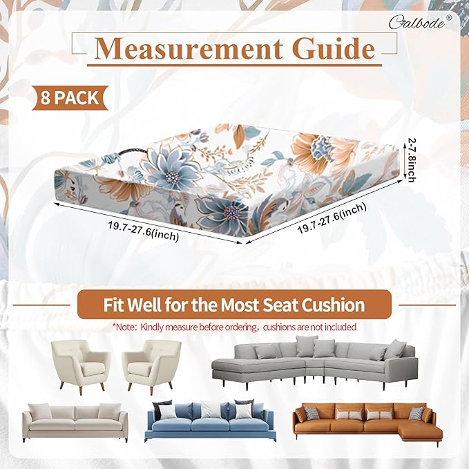 8Pcs High Elastic Digitally Printed Sofa Seat Cushion Cover, Soft & Comfortable Reusable Floral Print Stretch Couch Cushion Slipcover for Outdoor Furniture Protector Replacement, All-Season - Image 2