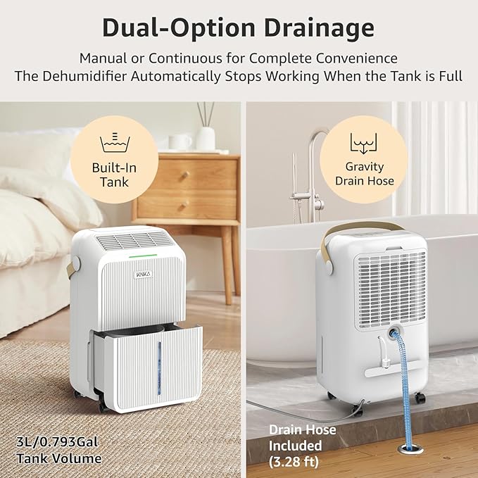 KNKA 2500 Sq.Ft Dehumidifiers for Home with Drain Hose Max 34 Pints, Dehumidifier for Basement, Bedroom, Bathroom, Large Room, Three Modes, Intelligent Humidity Control, Dry Clothes, 24HR Timer - Image 3