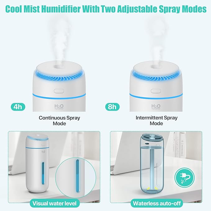 Small Humidifiers for Bedroom Nightstand Room 400ML USB Humidifer Plant Cool Mist Humidifier Easy Clean Travel Mini Portable Personal Desk Car Quiet Auto Shut-off Air Humidifier with Led Lights - Image 5