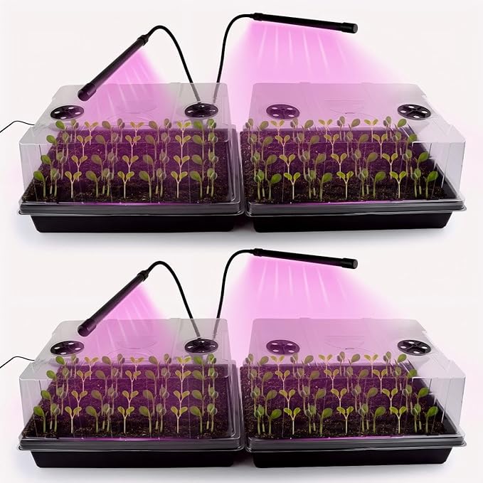 Seed Starter Tray with Grow Lights – 4 Pack Seedling Trays with 5" Humidity Domes & 4 LED Light Heads, Adjustable Timer, Full Spectrum for Indoor Germination, Herbs, Vegetables, Flowers by RooTrimmer