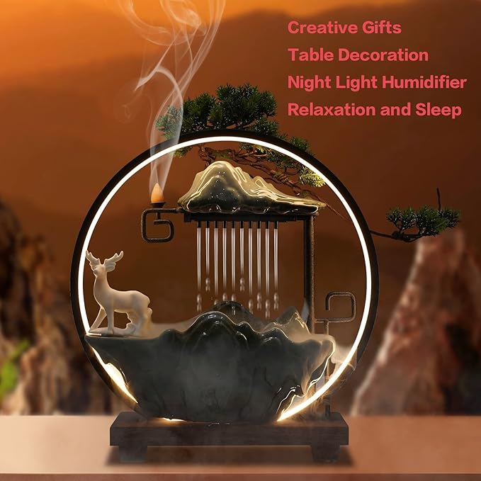 15In Water Fountains Indoor Tabletop Waterfall Humidifier with LED Light and Atomizer Mist, Japanese Zen Decor Meditation Fake Plants Bonsai Feng Shui Decor Festival Birthday surprise Good Luck Wealth - Image 2