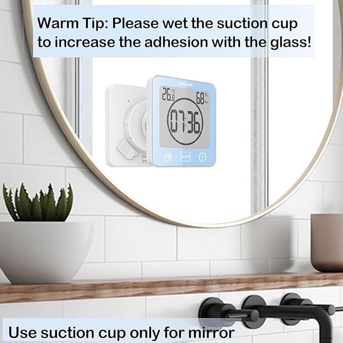 Waterproof Hanging Wall Clock Shower Timer, Large Digital Bathroom Alarm Clock for Kids, Big Visual Kitchen Cooking Countdown Timer, Bath Temperature Humidity Meter Mirror Suction Cup Timer (Blue) - Image 2