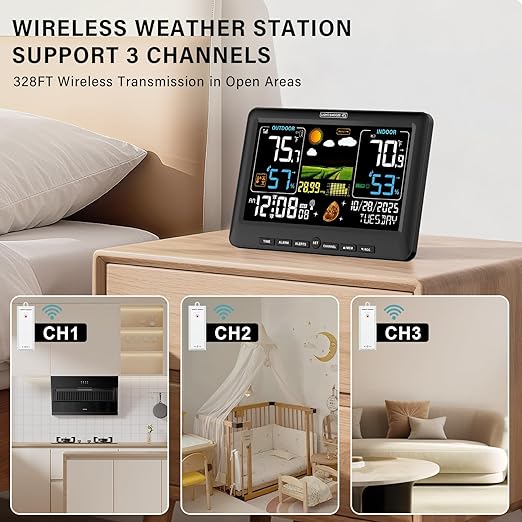 BluSon Weather Station Wireless Indoor Outdoor Thermometer, Color Display Digital Temperature Humidity Monitor with Atomic Clock, Weather Forecast, Adjustable Backlight, Home Weather Statio, Black - Image 4