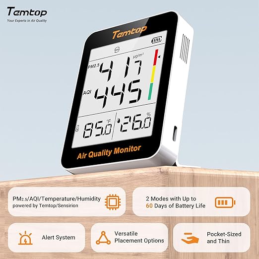 Temtop Air Quality Monitor Indoor Thermo-Hygrometer - PM2.5, AQI, Temperature, and Humidity Meter for Home, Office, or School, Air Quality Measurement, 60-Day Battery Life, S1 UP, 30-Pack - Image 2