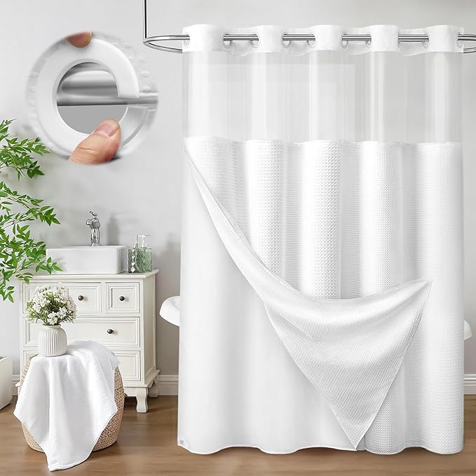 No Hook Shower Curtain with Fabric Liner White Hotel Waffle 75" L x 72" W,EVA Clear Window Shower by Unknown