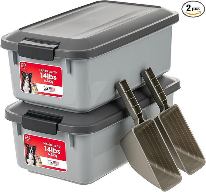 IRIS USA WeatherPro Airtight Pet Food Storage Container, Up to 14 lbs, Dog Cat Bird and Other Pet Food Storage Bin Keep Pests Out Translucent Body BPA Free Stackable, 2 Pack, Gray by IRISUSA