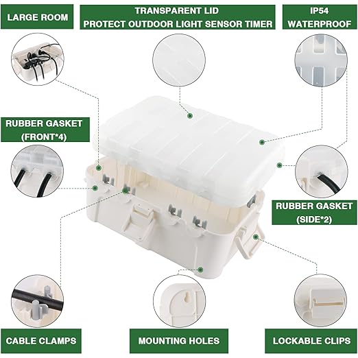 Flemoon Outdoor Electrical Box with Transparent Lid, IP54 Waterproof Electrical Box Outdoor, Large Weatherproof Extension Cord Cover with Clear Cover for Photocell Light Sensor Timer, Outlet, White - Image 5