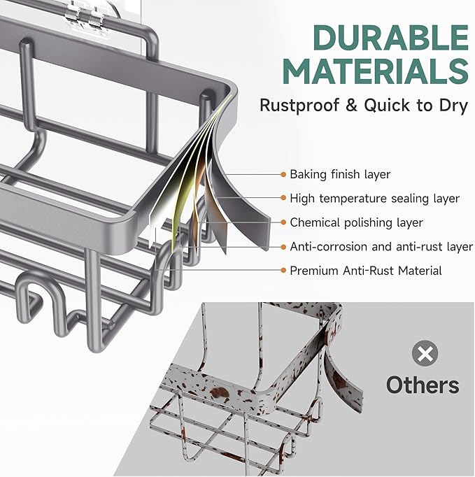Veken Adhesive Shower Caddy 5-Pack,Heavy Weight Bearing,Large Wall Mounted Shower Shelves Rack,Organizer Storage Accessories with Soap Dish&Toothbrush Holder,Ideal for Bathroom,Home&Kitchen,Light Grey - Image 5