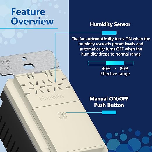 LIDER No Neutral Wire Required Humidity Sensor Switch, Automatic Humidity Control, Air Circulator, Adjustable Timing, 1-Pole, UL Listed, Light Almond, Wall Plate Included 2 Pack - Image 3