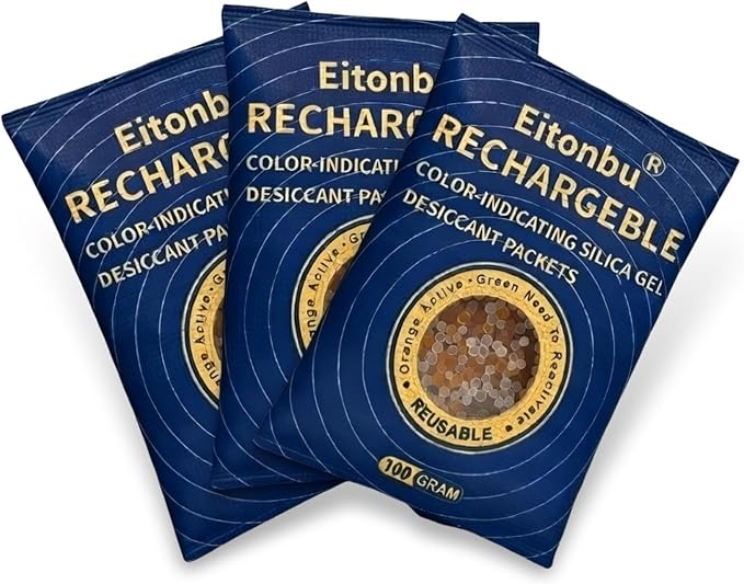 3Pack（100 Gram) Orange Indicating Silica Gel Desiccant, Rechargeable Moisture Absorbers for 3D Filament, Gun Safe, Camera & Storage. Cobalt Free, Reusable Beads Change Color (Orange to Green) by Eitonbu