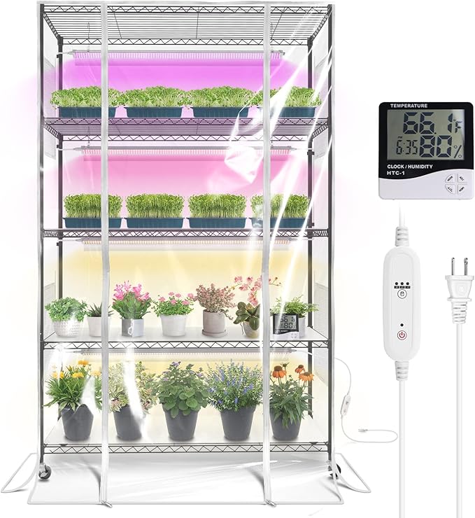 Bstrip Indoor Greenhouse with Grow Light, 5 Tier 47.2"x17.8"x71" Metal Shelf Portable Greenhouse for Winter with 4 Pack 3 Color Modes Plant Lights, Timer & Cover for Indoor Plant, Seed Starting Trays by Bstrip