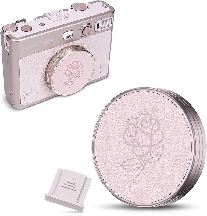 Pink Lens Cap for Fujifilm Insta Mini EVO, Retro Leather Aluminum Anti-Dust Anti-Scratches Lightweight Camera Lens Cover with Rose Pattern, Accessories for Fuji Mini Evo Lens Protection Cover by JJC