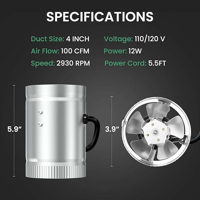 iPower 4 Inch Inline Duct Fan 100 CFM, HVAC Booster Exhaust Ventilation Fan with Low Noise for Basements, Bathrooms, Grow Tents, Kitchens and Attics, Silver - Image 5