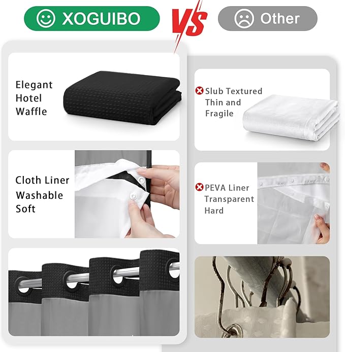 No Hook Shower Curtain and Liner Set,Black Hotel Waffle Shower Curtain with Liner 78" L x 72" W - Image 5