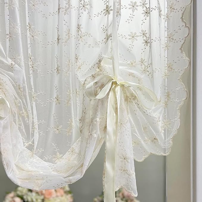 Beige Romantic Little Floral Woven Lace Tie Up Balloon Curtain for Kitchen Liftable Tier Roman Blind Victorian Drapes for Small Window Cafe Balcony Rod Pocket 1 Panel (55Wx59L inch) - Image 5