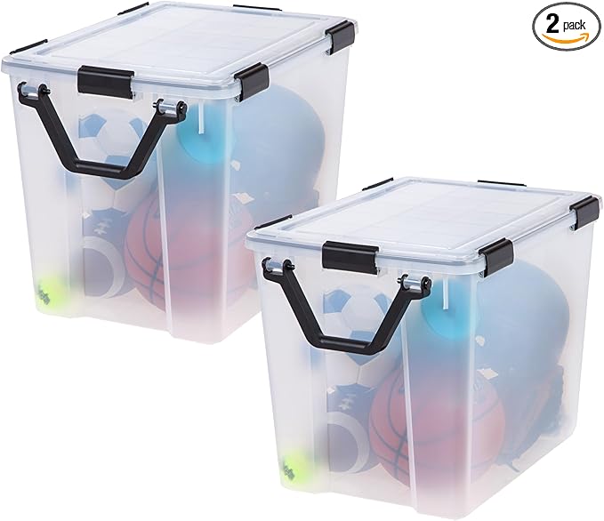 IRIS USA WeatherPro 103 Qt Storage Bins with Lids, 2 Pack, BPA-Free Plastic Gasket Box with Tight Latch and Seal, Stackable Nestable Tote Tub - Clear/Black by IRISUSA