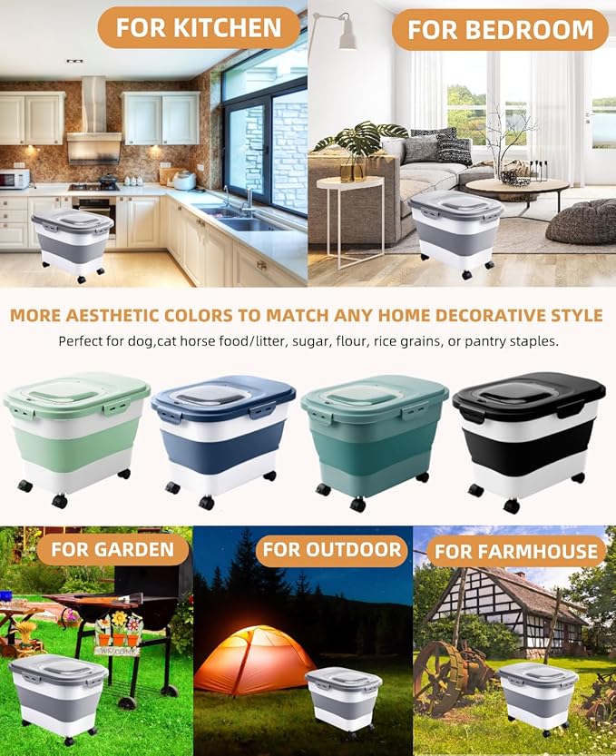 20-30 Lbs Rice Storage Container,Collapsible Food Storage Containers with Rolling Wheel Airtight Locking Lid,Flour Storage Container with Cup and Scoop,Suitable for Food,Rice,Pet Food,Flour - Image 9